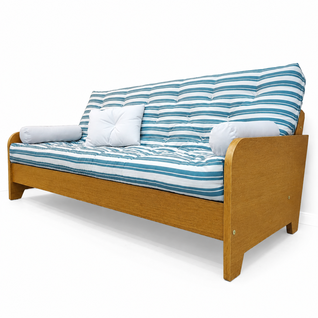 Sofá Cama Casal Futon Paris New II Acquablock em Madeira Maciça Mel- Cor Listrado Azul