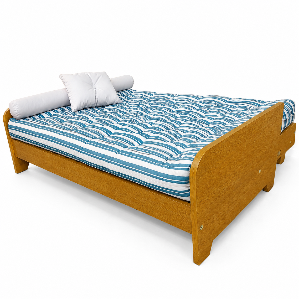 Sofá Cama Casal Futon Paris New II Acquablock em Madeira Maciça Mel- Cor Listrado Azul