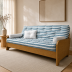 Sofá Cama Casal Futon Paris New II Acquablock em Madeira Maciça Mel- Cor Listrado Azul