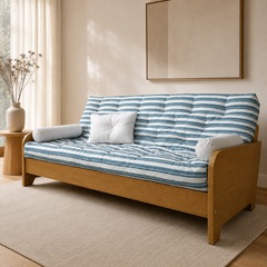 Sofá Cama Casal Futon Paris New II Acquablock em Madeira Maciça Mel- Cor Listrado Azul