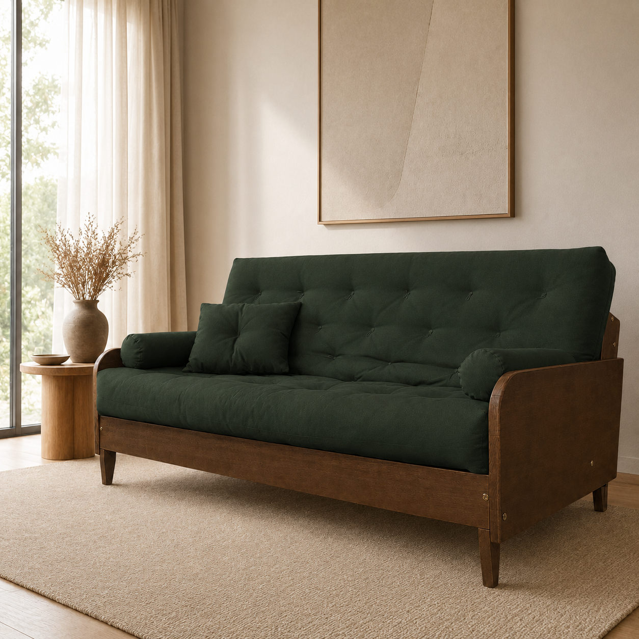 Sofá Cama Casal Futon Paris II Sarja em Madeira Maciça Imbuia - Cor Verde Militar