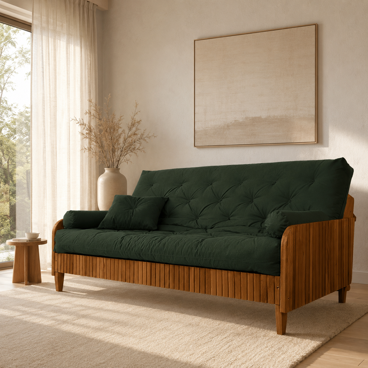 Sofá Cama Casal Futon Paris II Ripado Sarja em Madeira Maciça Mel- Cor Verde Militar