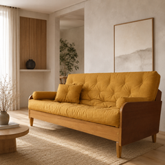Sofá Cama Casal Futon D33 Paris II Madeira Maciça Mel - Tecido Acquablock Cor Amarelo