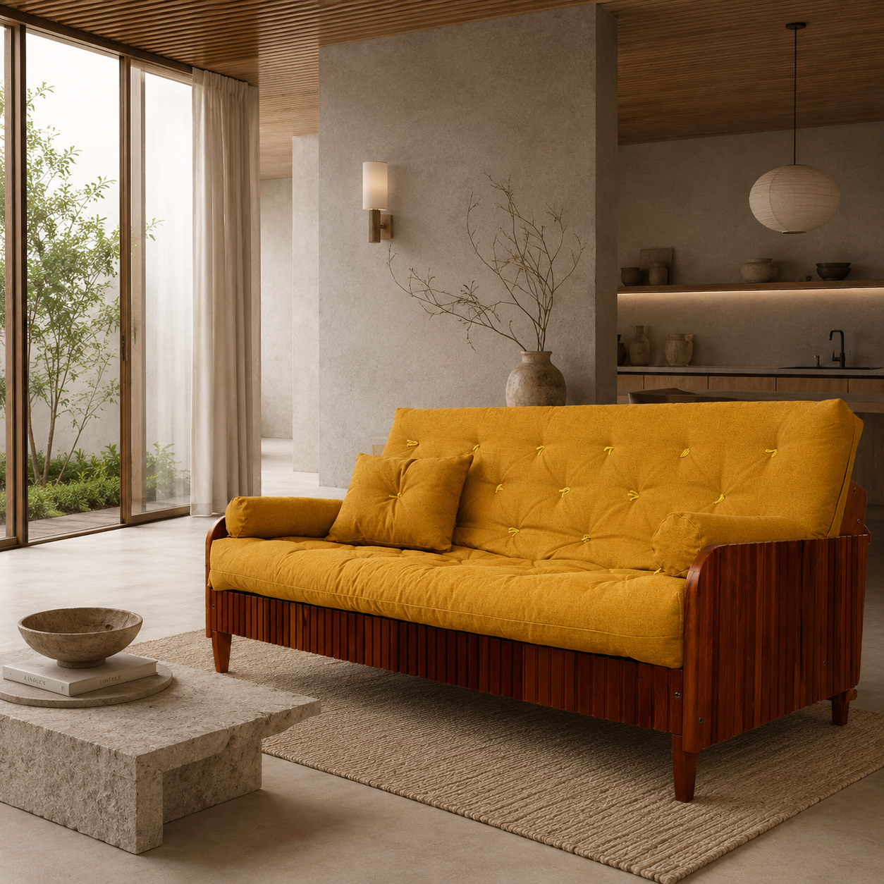 Sofá Cama Casal Futon D33 Paris II Ripado Madeira Maciça imbuia - Tecido Acquablock Cor Amarelo