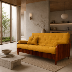 Sofá Cama Casal Futon D33 Paris II Ripado Madeira Maciça imbuia - Tecido Acquablock Cor Amarelo