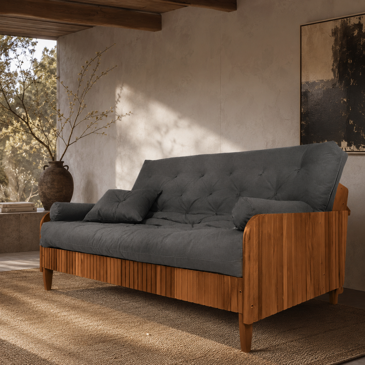 Sofá Cama Casal Futon Paris II Ripado Acquablock Madeira Maciça Mel D33 - Cor Chumbo