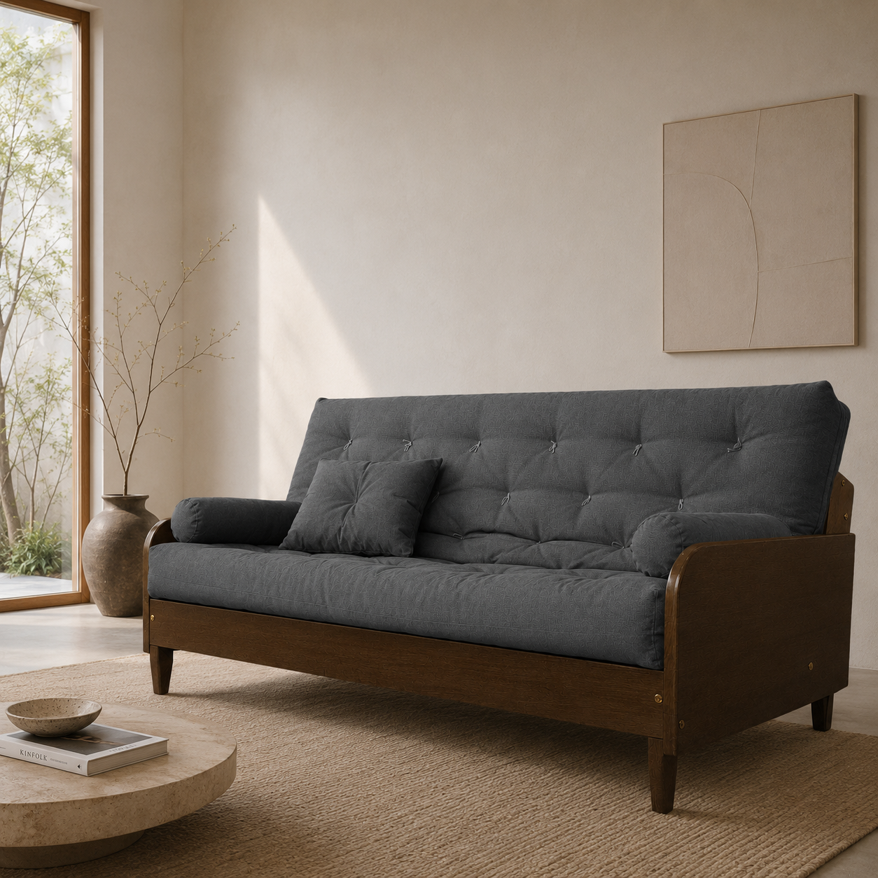 Sofá Cama Casal Futon Paris II Acquablock Madeira Maciça Imbuia D33 - Cor Chumbo
