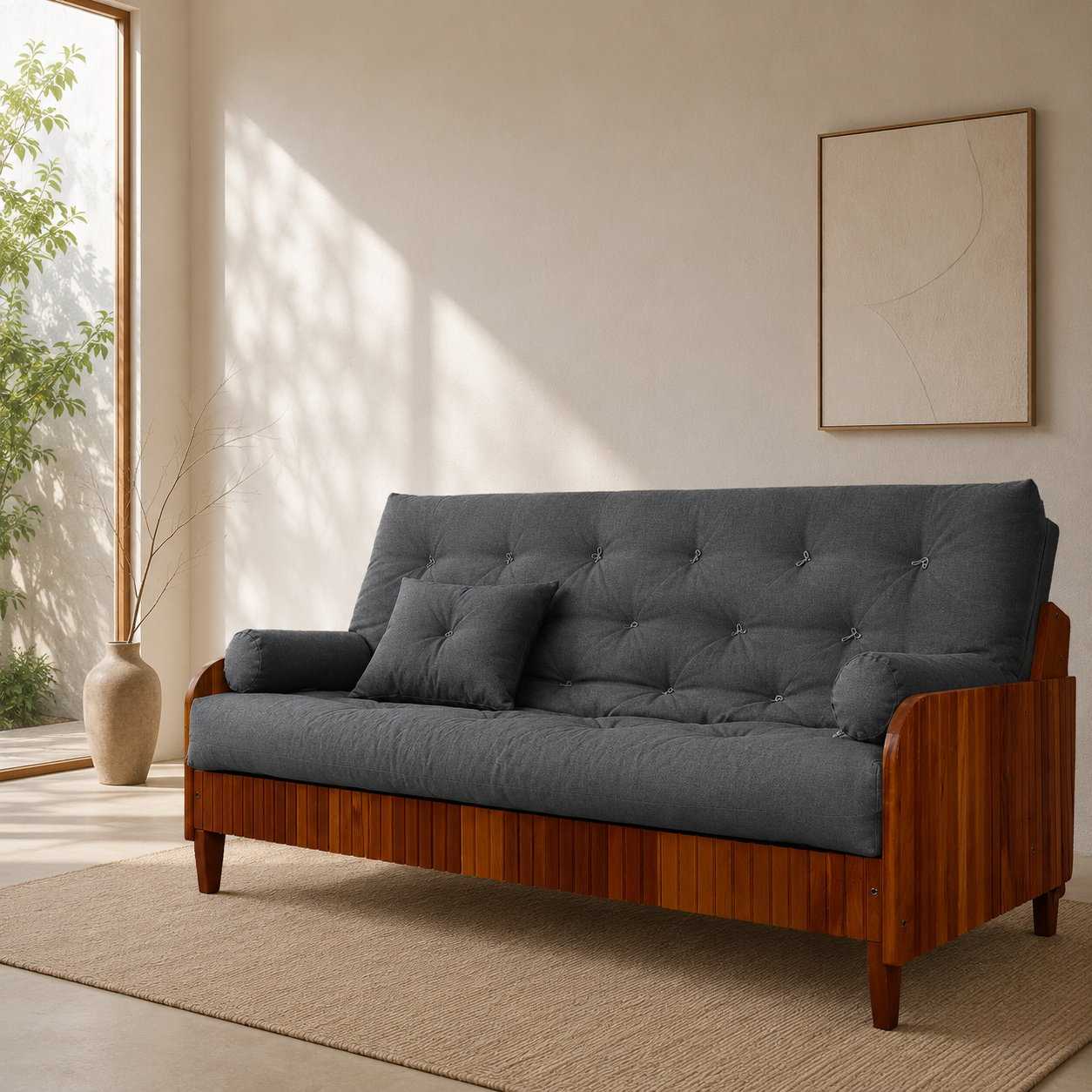 Sofá Cama Casal Futon Paris II Ripado Acquablock Madeira Maciça  Imbuia D33 - Cor Chumbo