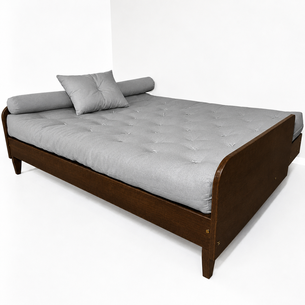 Sofá Cama Casal Futon Paris II Acquablock em Madeira Maciça Imbuia - Cor Cinza Linho