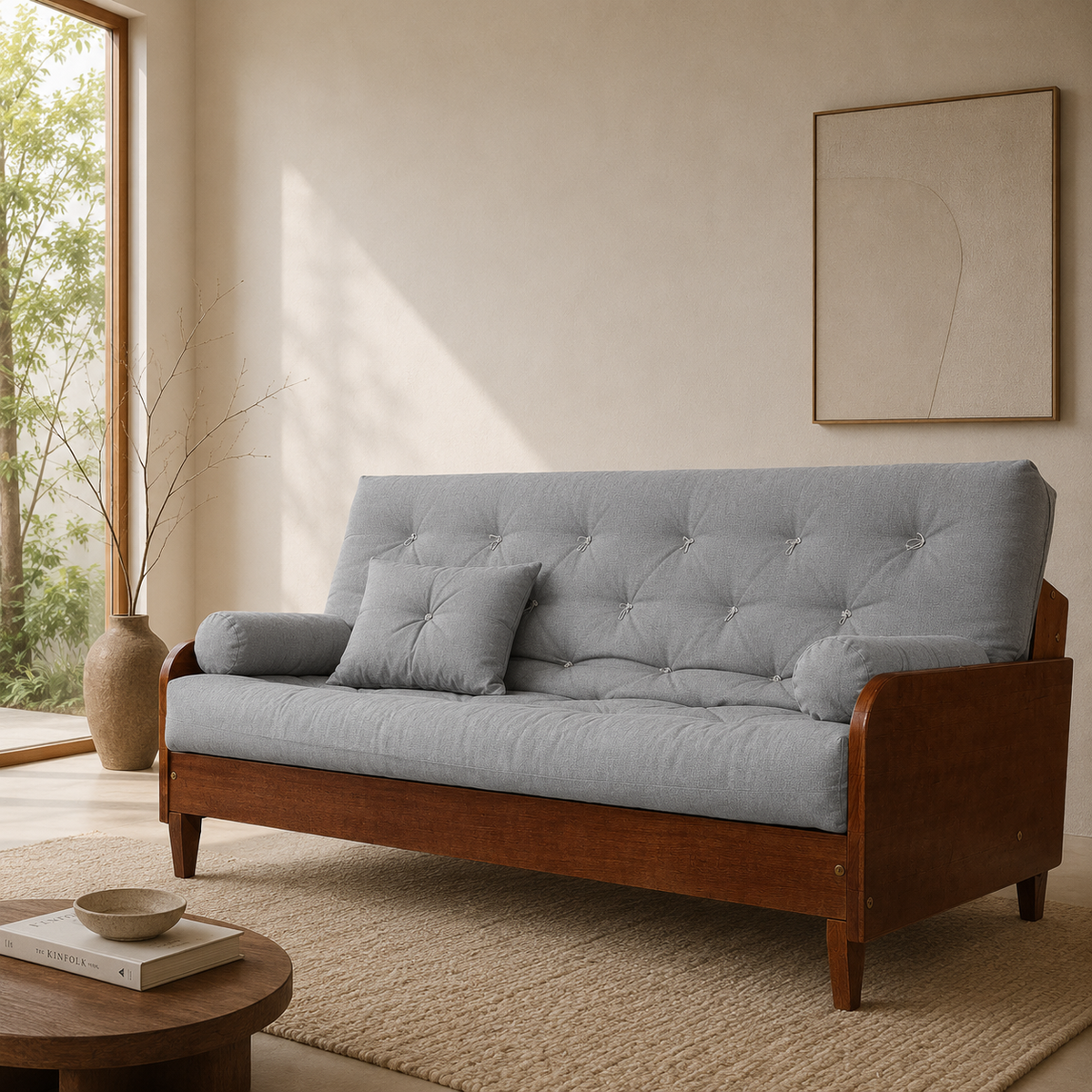 Sofá Cama Casal Futon Paris II Acquablock em Madeira Maciça Imbuia - Cor Cinza Linho