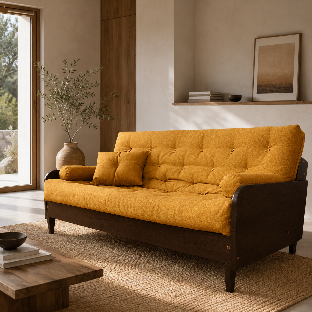 Sofá Cama Casal Futon D33 Paris II Madeira Maciça Imbuia - Tecido Acquablock Cor Amarelo