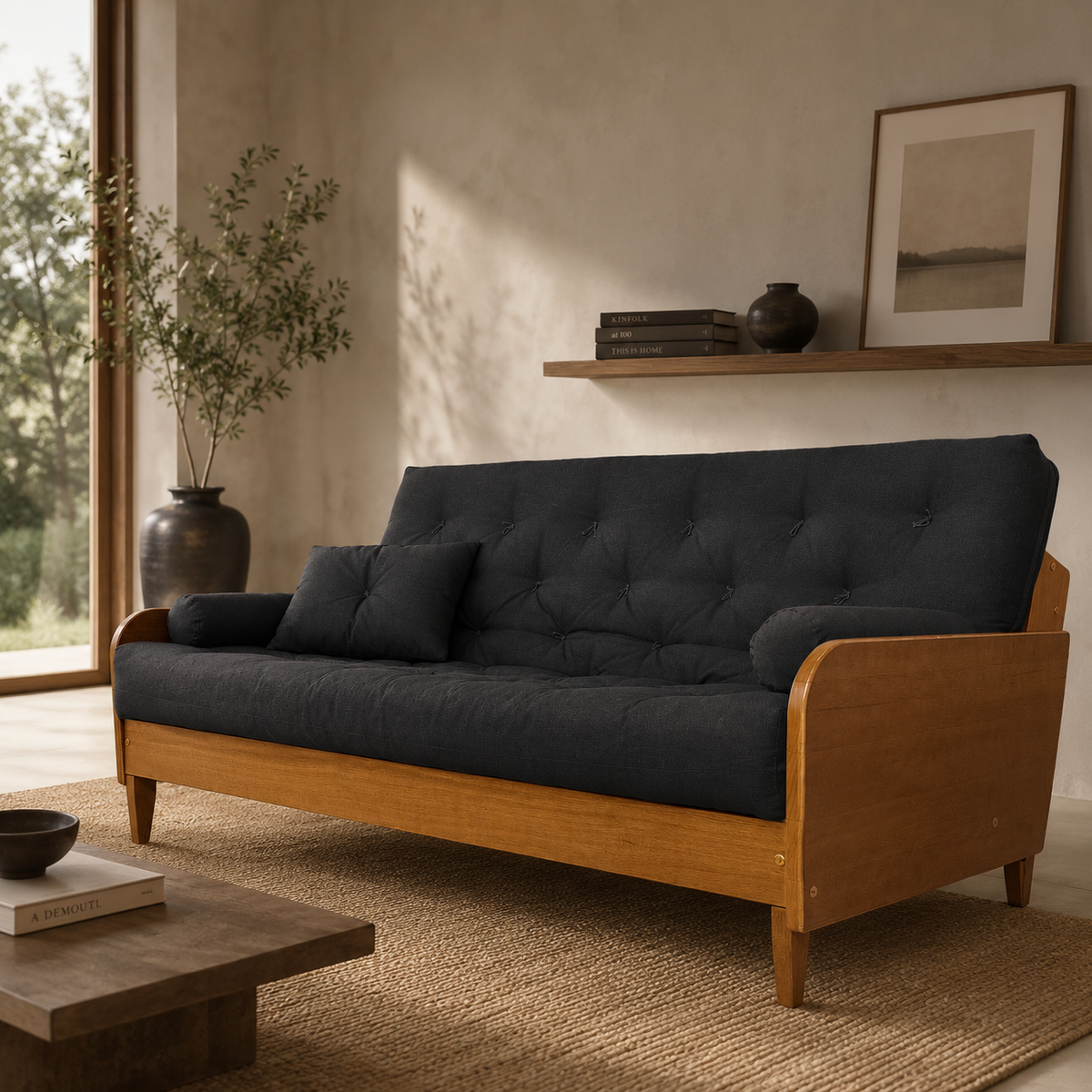 Sofá De Madeira Nobre Cor Mel Futon Paris - Tecido Sarja 100% Algodão Preto
