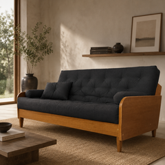 Sofá De Madeira Nobre Cor Mel Futon Paris - Tecido Sarja 100% Algodão Preto