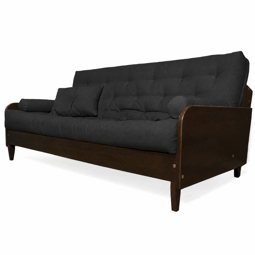 Sofá De Madeira Nobre Cor Imbuia Futon Paris - Tecido Sarja 100% Algodão Preto