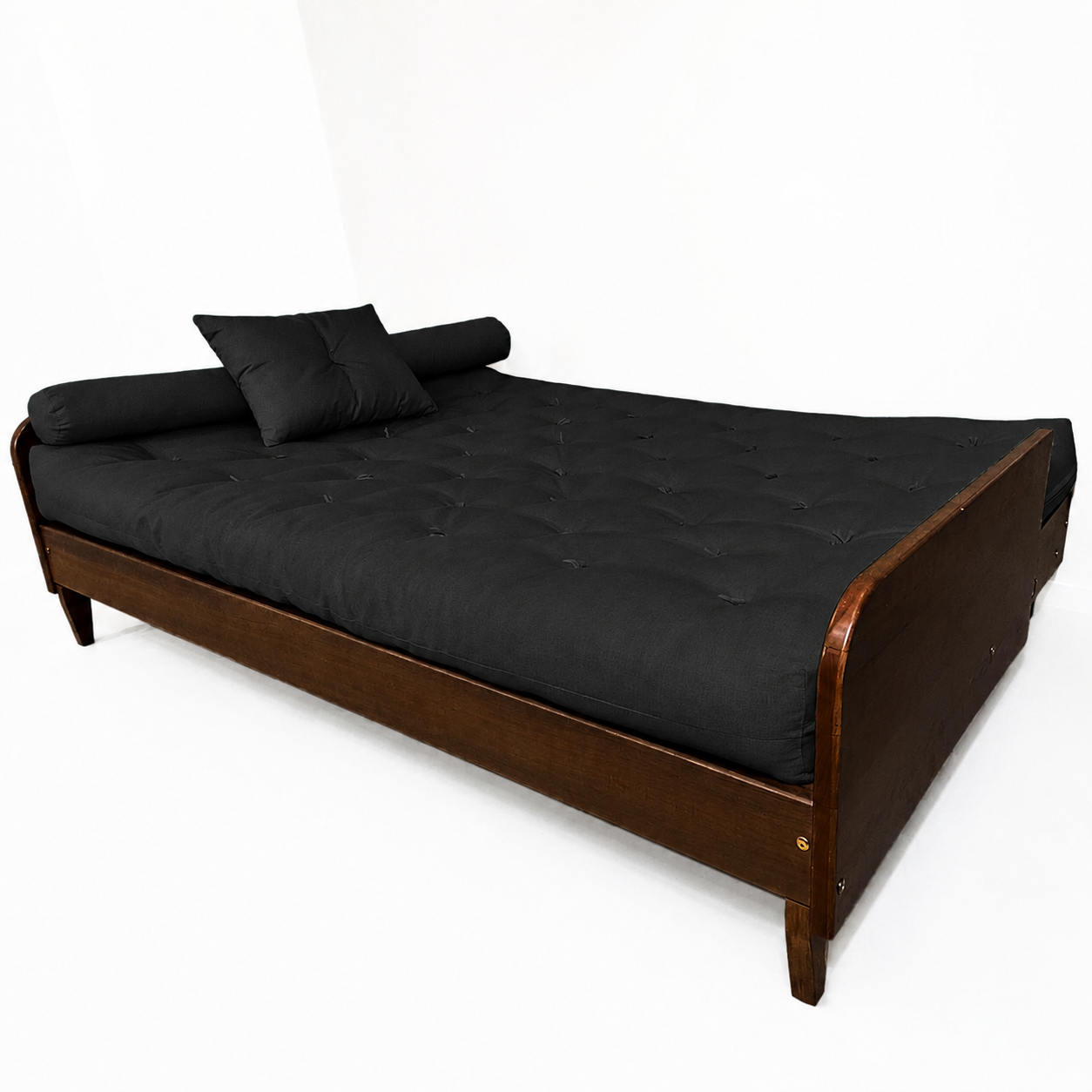 Sofá De Madeira Nobre Cor Imbuia Futon Paris - Tecido Sarja 100% Algodão Preto