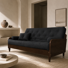 Sofá De Madeira Nobre Cor Imbuia Futon Paris - Tecido Sarja 100% Algodão Preto