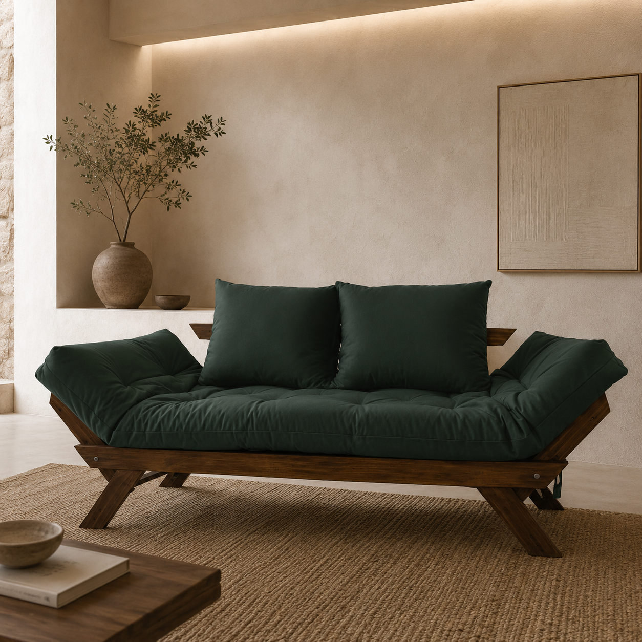 Sofá Cama Reclinável Futon Japão - Madeira Imbuia Tecido Sarja Cor Verde Militar