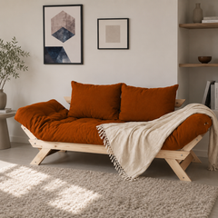 Sofá Cama Reclinável Futon Japão - Madeira Sem Pintura Tecido Sarja Cor Caramelo
