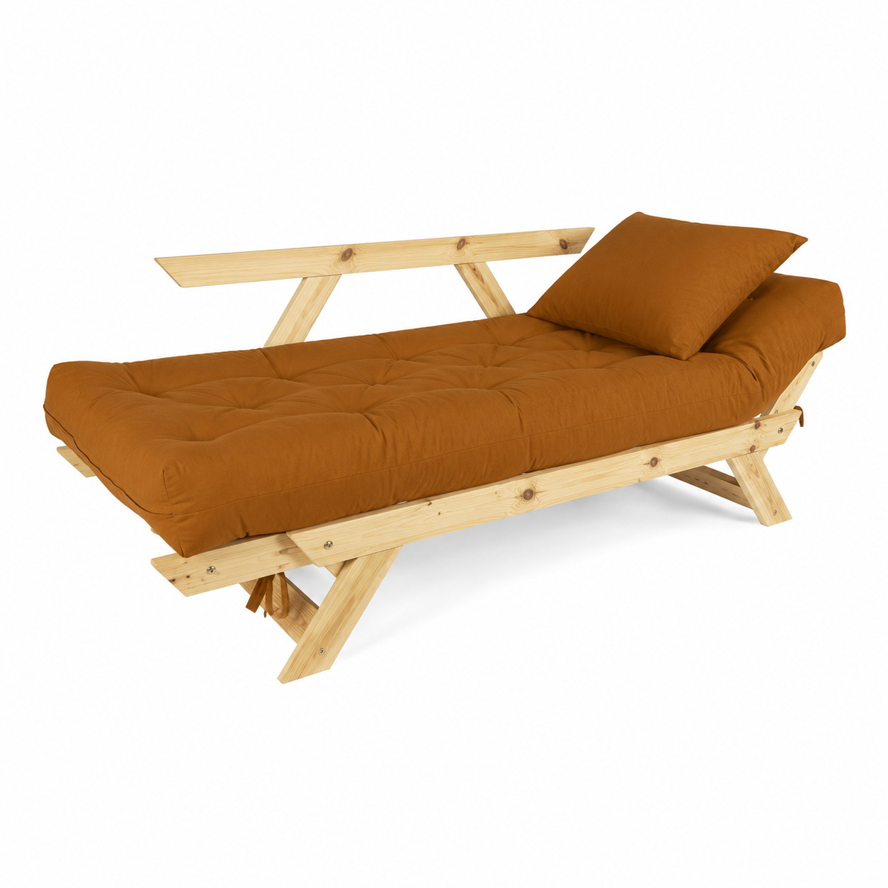 Sofá Cama Reclinável Futon Japão - Madeira Sem Pintura Tecido Sarja Cor Caramelo