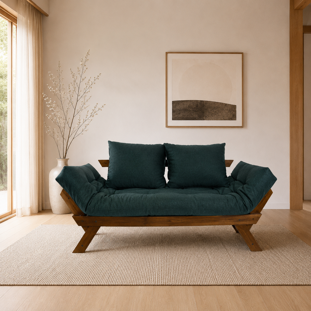 Sofá Cama Reclinável Futon D33 Japão - Madeira Cor Imbuia Tecido Sarja Verde Militar
