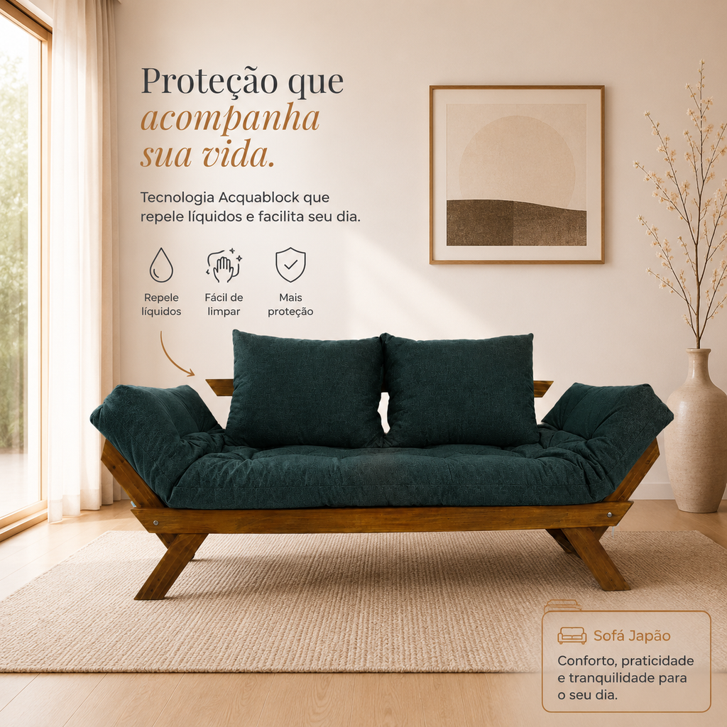 Sofá Cama Reclinável Futon D33 Japão - Madeira Cor Imbuia Tecido Sarja Verde Militar