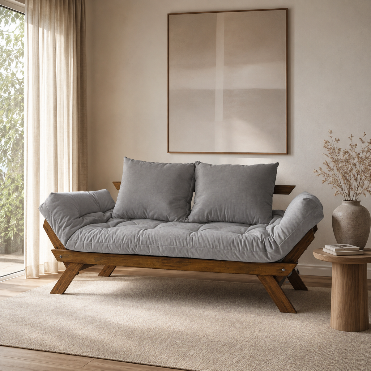 Sofá Cama Reclinável Futon Japão - Madeira Imbuia Tecido Acquablock Cor Cinza Linho