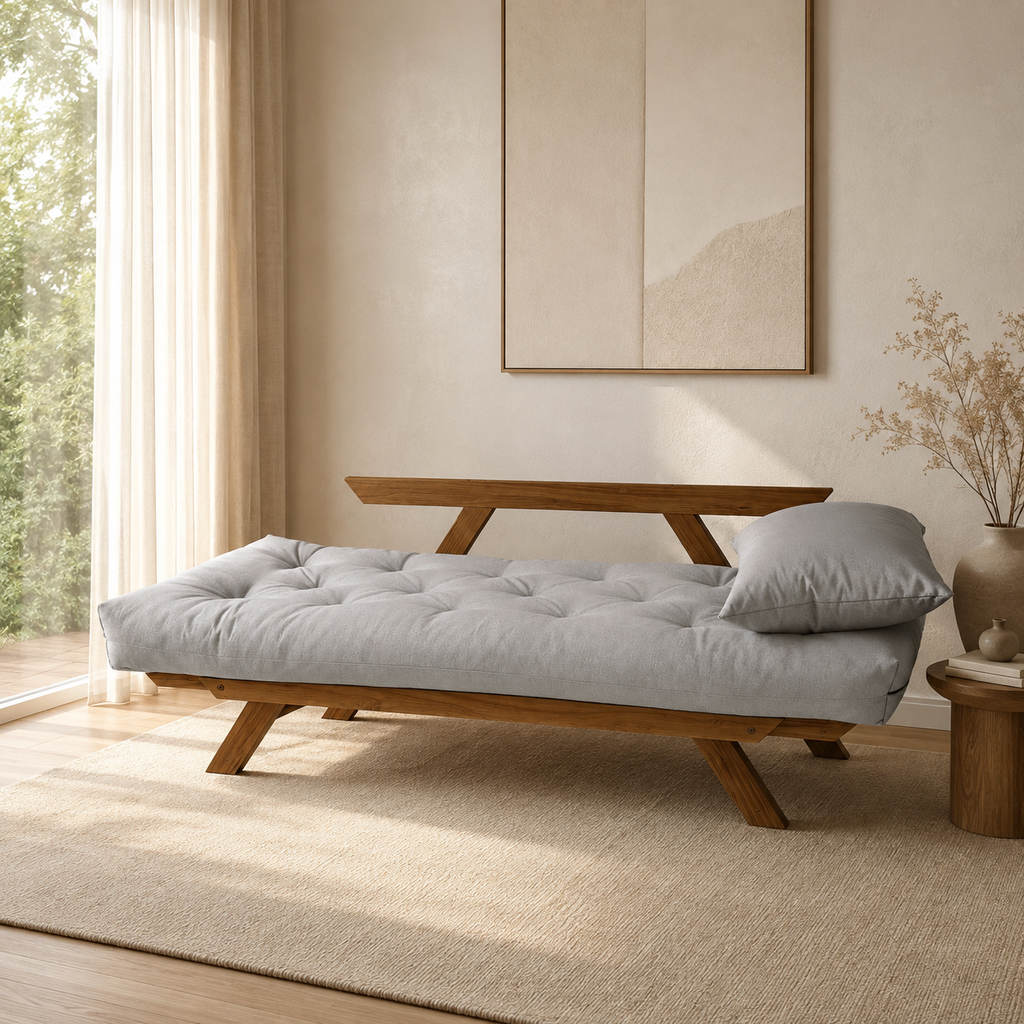 Sofá Cama Reclinável Futon Japão - Madeira Imbuia Tecido Acquablock Cor Cinza Linho