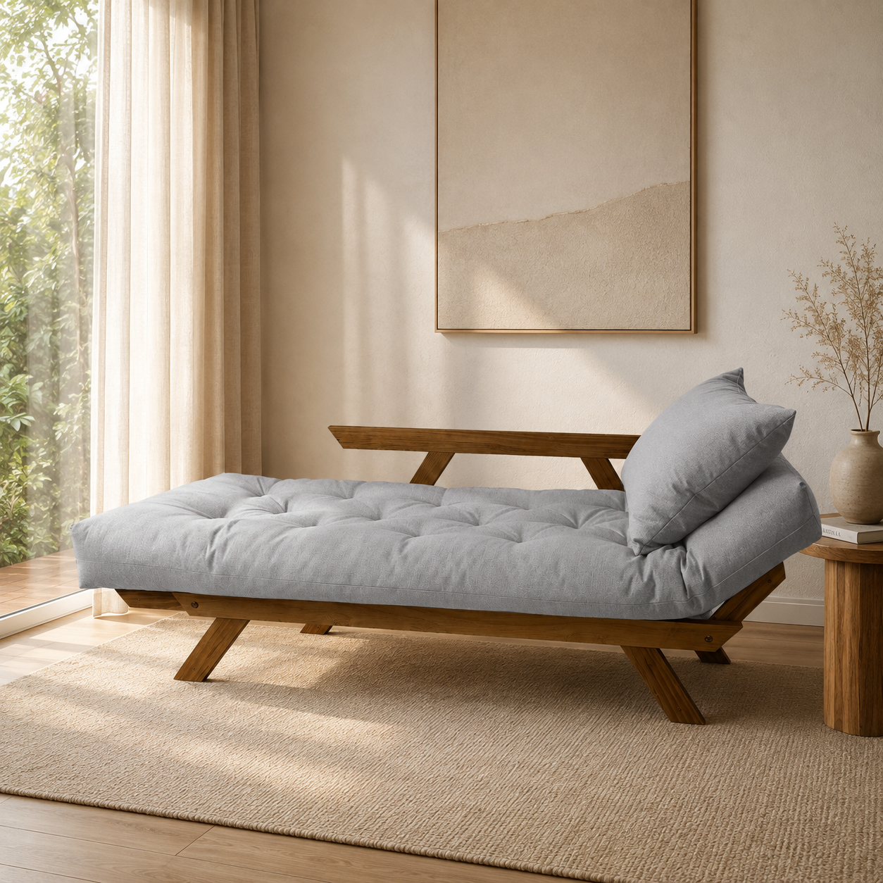 Sofá Cama Reclinável Futon Japão - Madeira Imbuia Tecido Acquablock Cor Cinza Linho