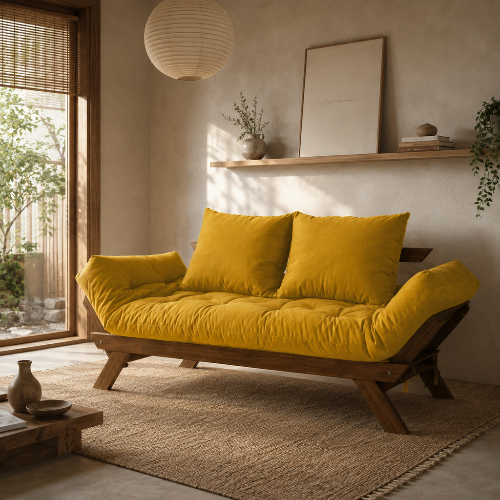 Sofá Cama Reclinável Futon D33 Japão - Madeira Imbuia Tecido Acquablock Cor Amarelo
