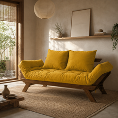 Sofá Cama Reclinável Futon D33 Japão - Madeira Imbuia Tecido Acquablock Cor Amarelo