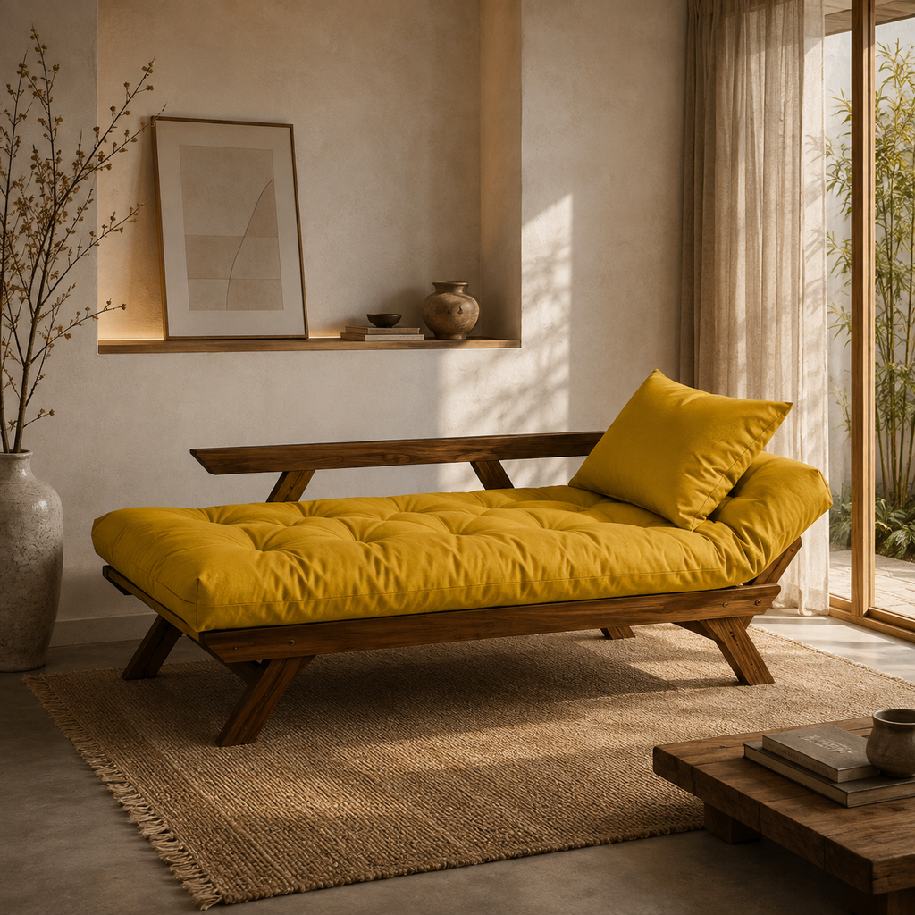 Sofá Cama Reclinável Futon D33 Japão - Madeira Imbuia Tecido Acquablock Cor Amarelo