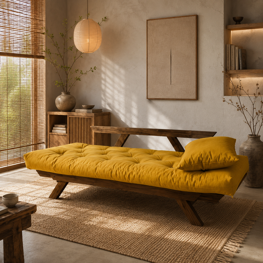 Sofá Cama Reclinável Futon D33 Japão - Madeira Imbuia Tecido Acquablock Cor Amarelo