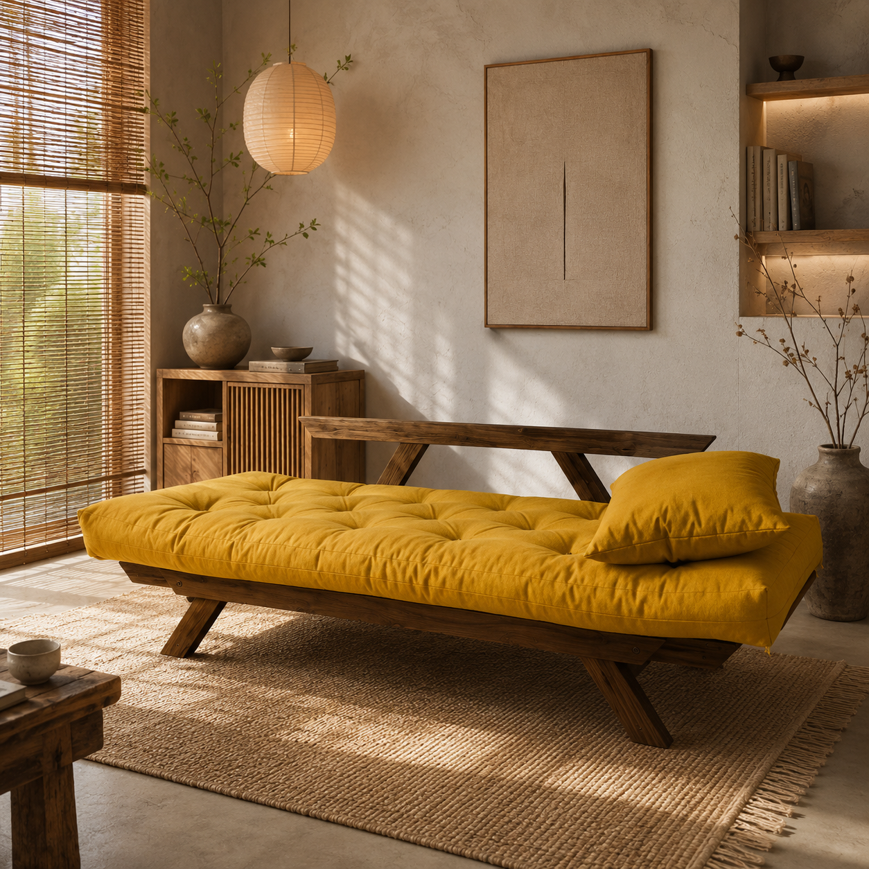 Sofá Cama Reclinável Futon D33 Japão - Madeira Imbuia Tecido Acquablock Cor Amarelo