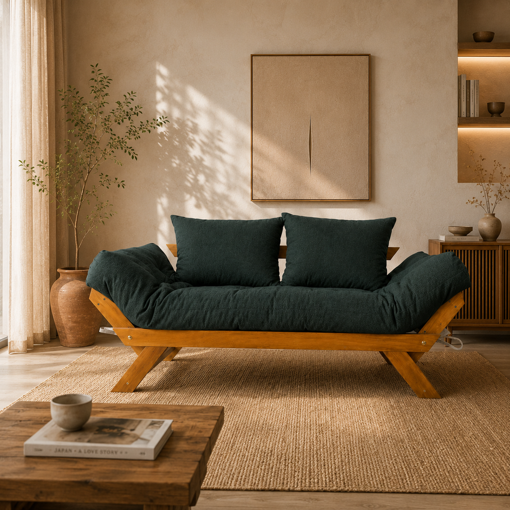 Sofá Cama Reclinável Futon D33 Japão  - Madeira Mel Tecido Acquablock Cor Verde Oliva