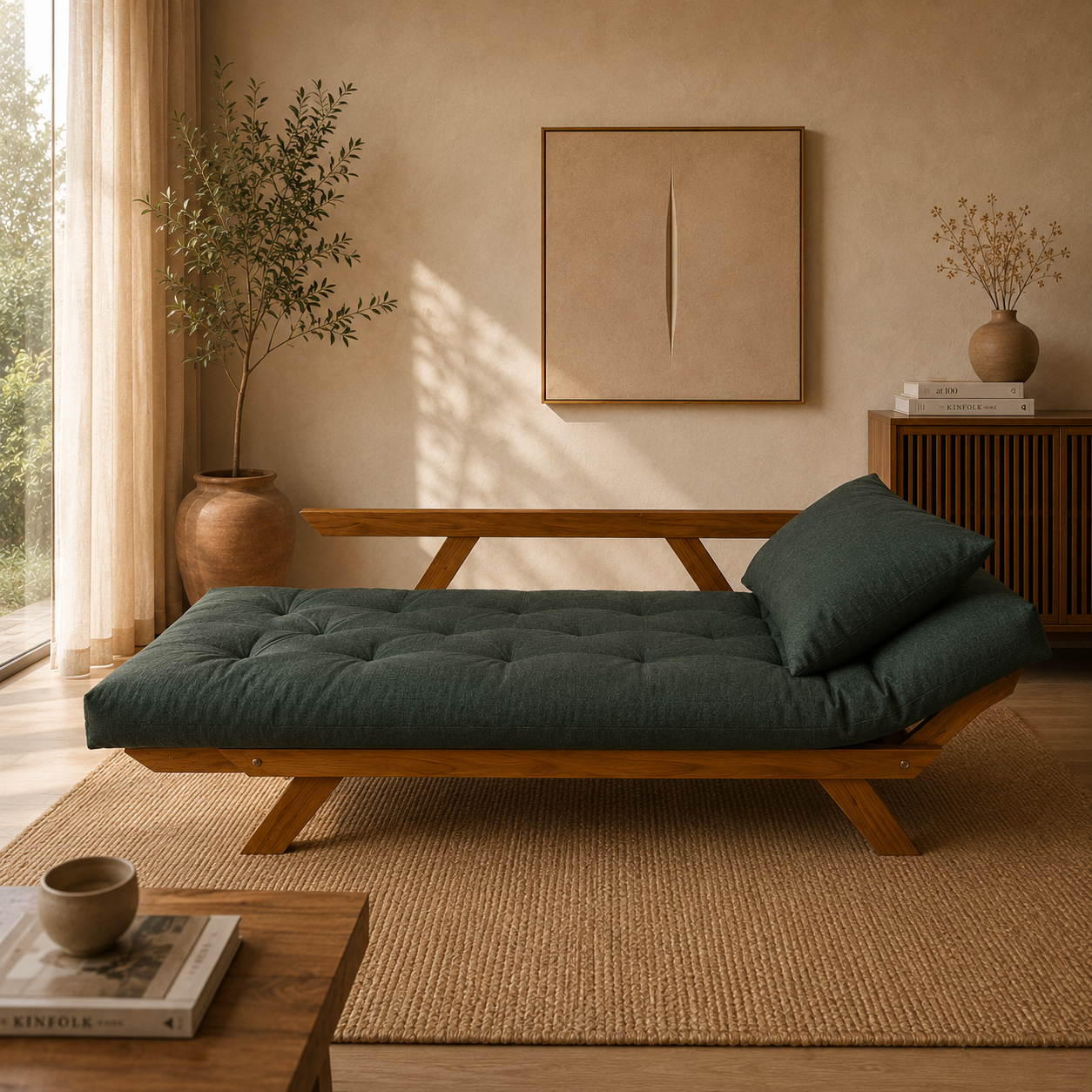 Sofá Cama Reclinável Futon Japão  - Madeira Mel Tecido Acquablock Cor Verde Oliva