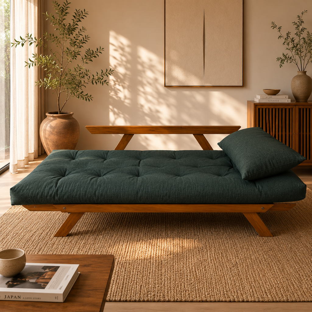 Sofá Cama Reclinável Futon D33 Japão  - Madeira Mel Tecido Acquablock Cor Verde Oliva