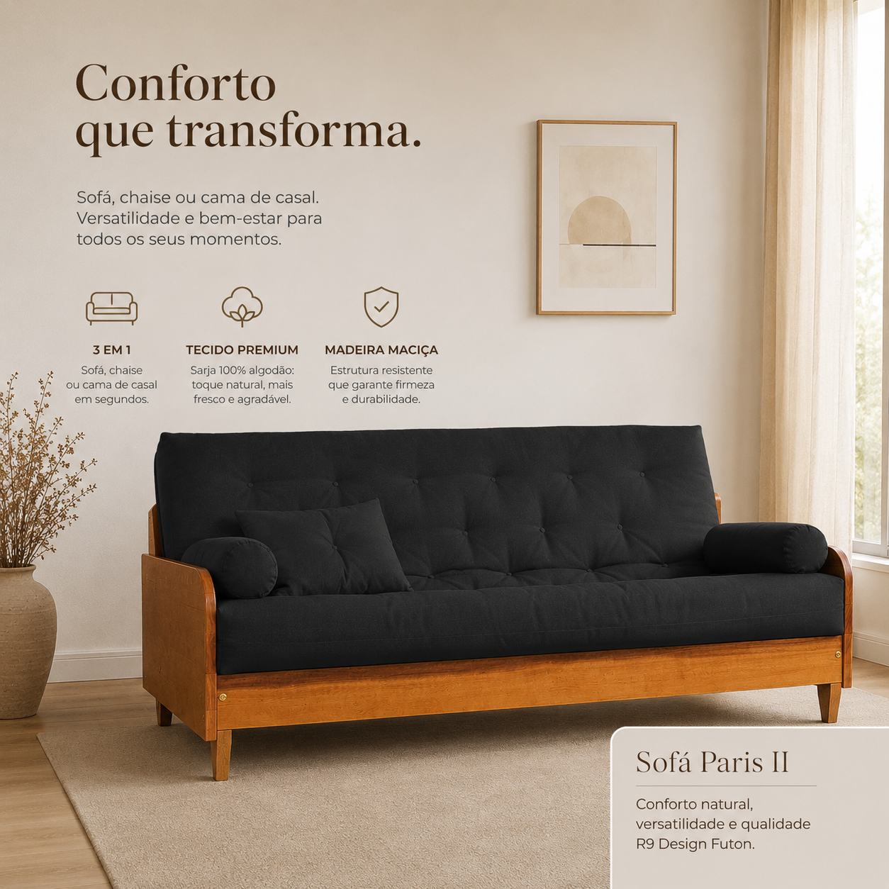Sofá Cama Casal Futon Paris II Sarja em Madeira Maciça Cor Mel - Preto