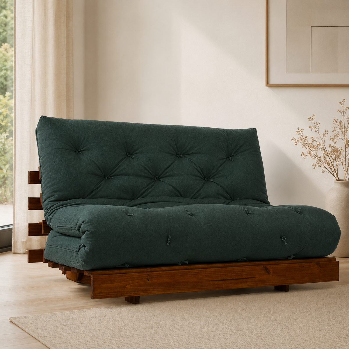 Sofá Cama Casal Futon Tokio D33 Madeira Cor Imbuia Acquablock - Verde oliva