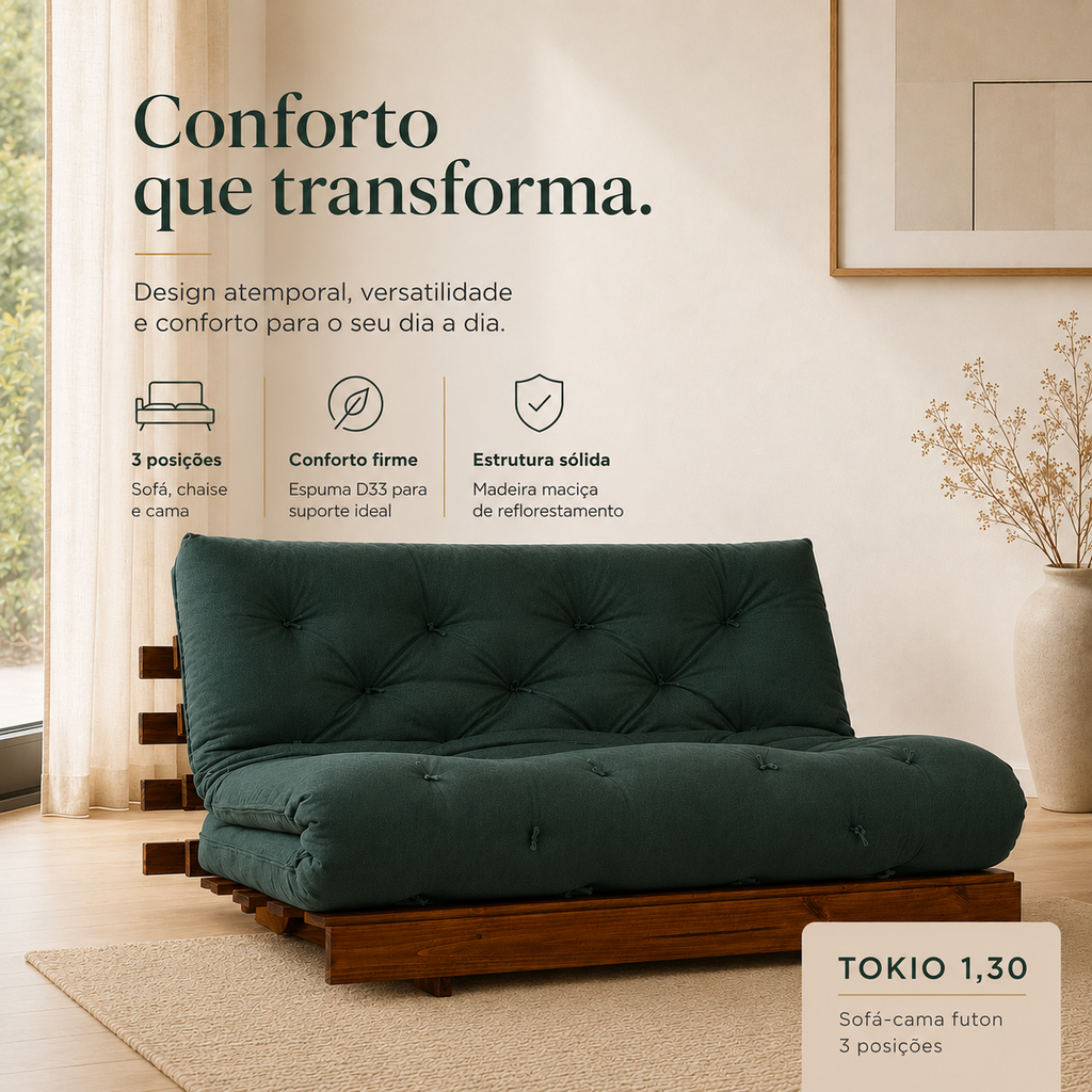 Sofá Cama Casal Futon Tokio D33 Madeira Cor Imbuia Acquablock - Verde oliva