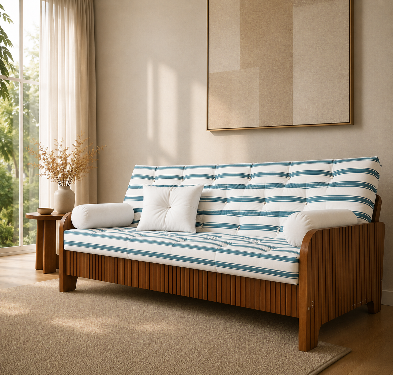 Sofá Cama Casal Futon Paris New II Ripado Acquablock em Madeira Maciça Imbuia - Cor Listrado