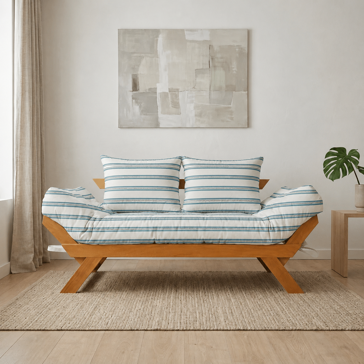Sofá Cama Reclinável Futon Japão - Madeira Mel Tecido Acquablock Cor Listrado