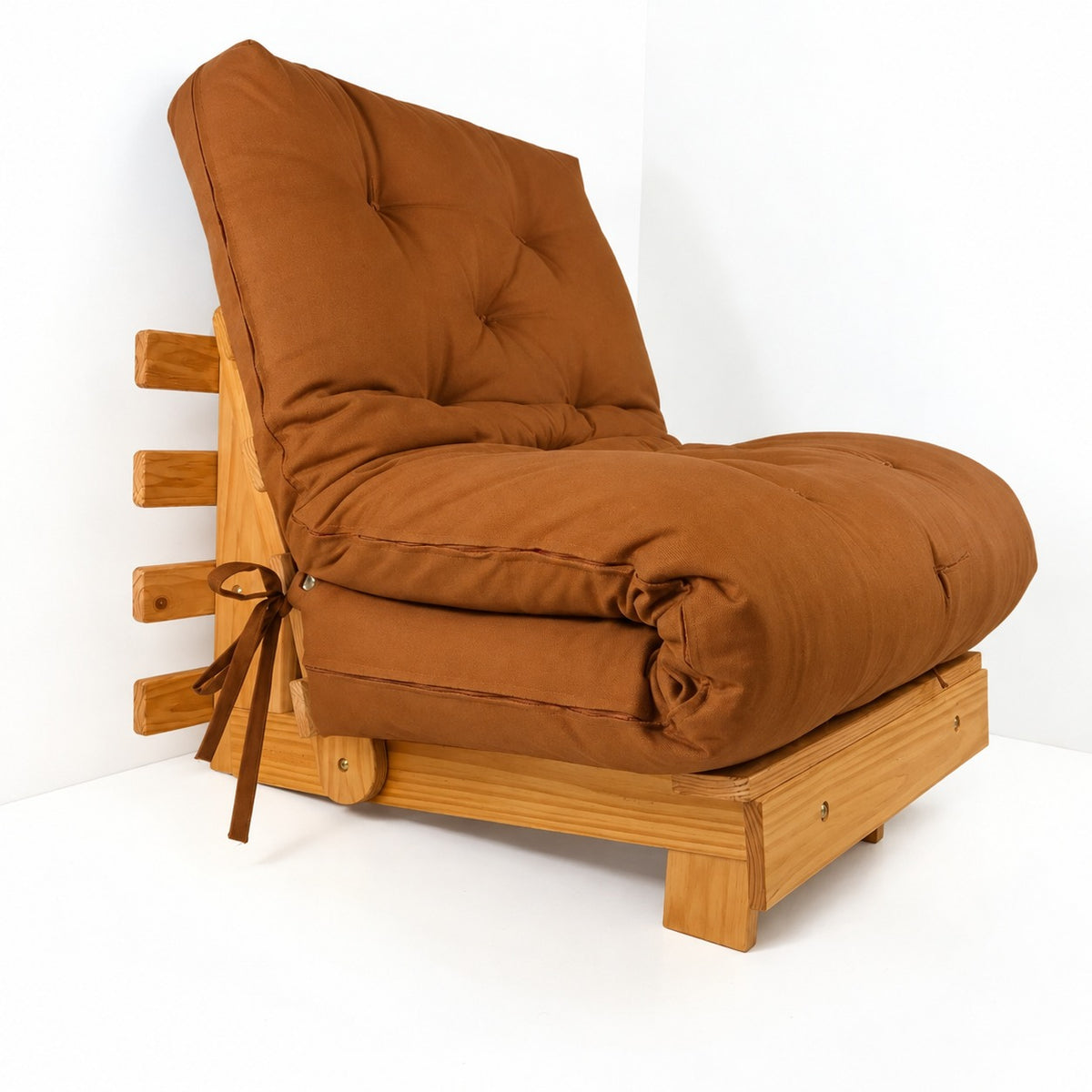 Sofa Cama Solteiro Futon Dobrável - Madeira Mel Sarja Caramelo