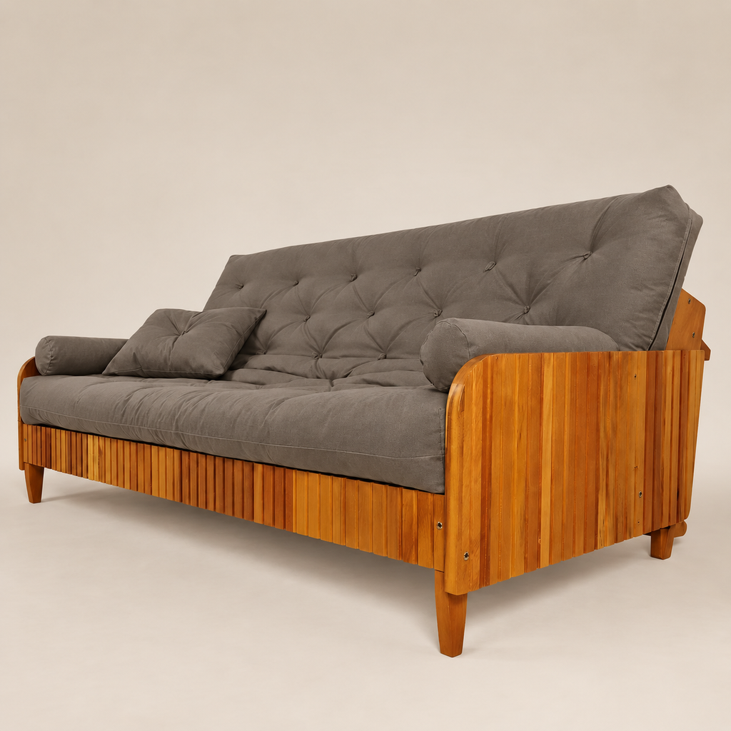 Sofá Cama Casal Futon D33 Paris II Ripado Sarja em Madeira Maciça Mel - Cor Cinza
