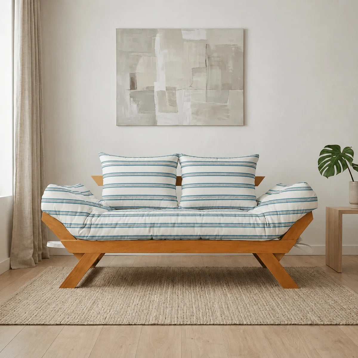 Sofá Cama Reclinável Futon D33 Japão - Madeira Mel Tecido Acquablock Cor Listrado