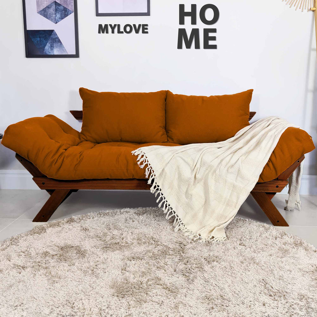 Sofá Cama Reclinável Futon Japão - Madeira Nobre Cor Imbuia Tecido Sarja Caramelo