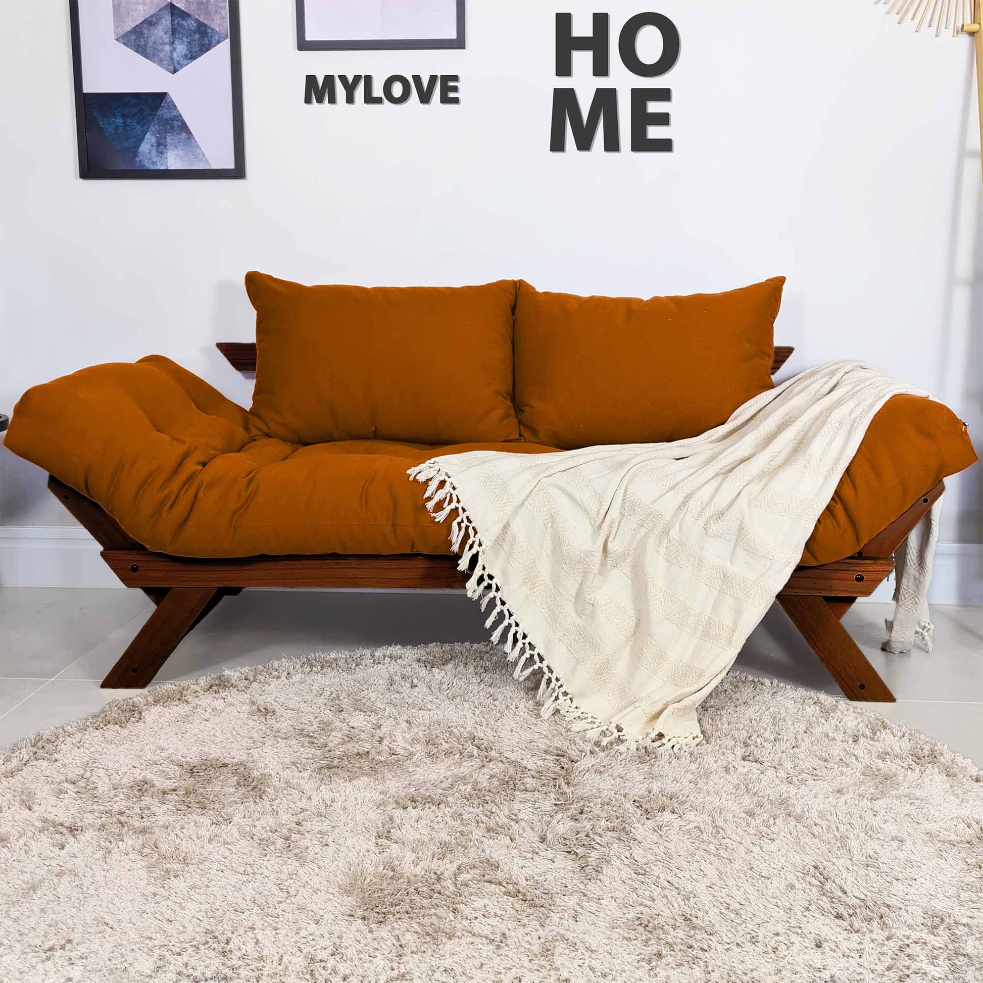 Sofá Cama Reclinável Futon Japão - Madeira Nobre Cor Imbuia Tecido Sarja Caramelo