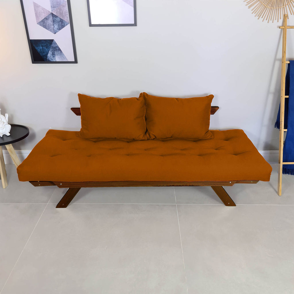 Sofá Cama Reclinável Futon Japão - Madeira Nobre Cor Imbuia Tecido Sarja Caramelo