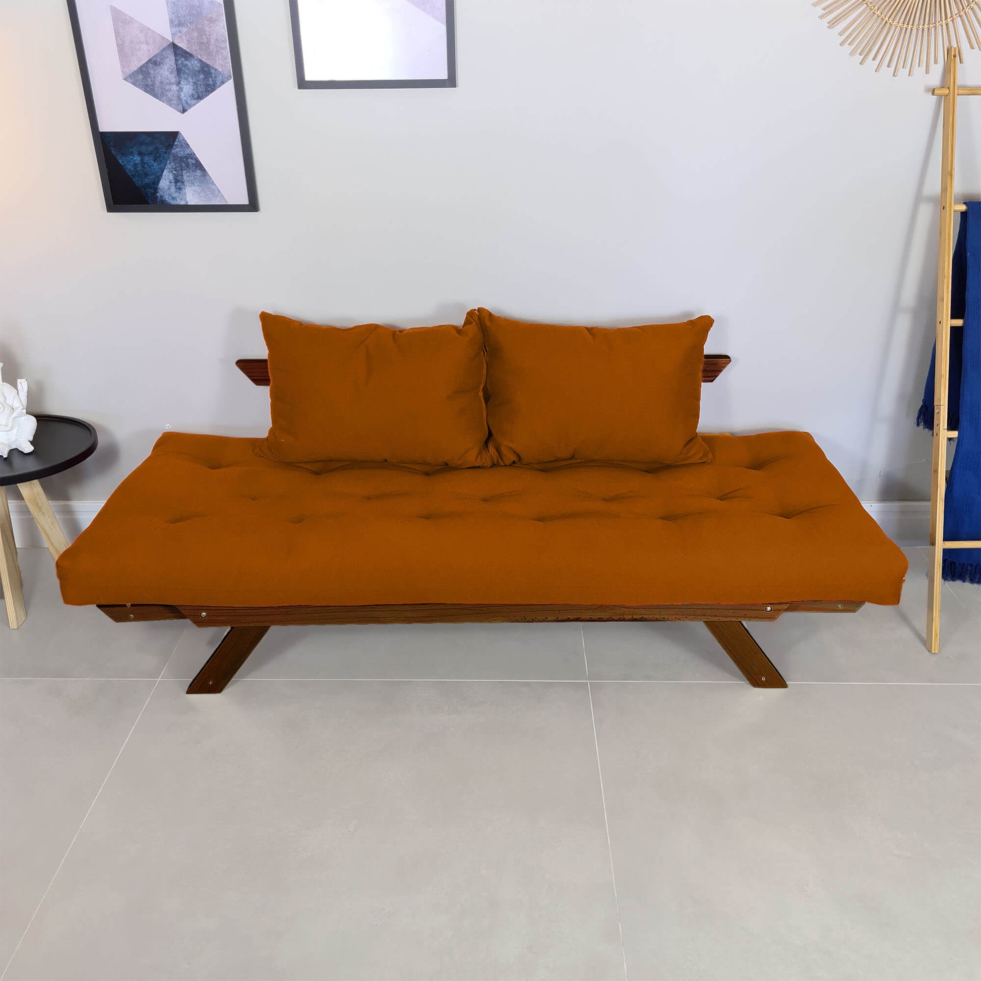 Sofá Cama Reclinável Futon Japão - Madeira Nobre Cor Imbuia Tecido Sarja Caramelo