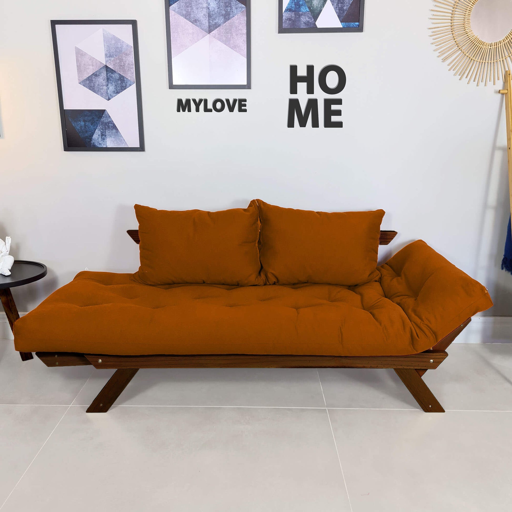 Sofá Cama Reclinável Futon Japão - Madeira Nobre Cor Imbuia Tecido Sarja Caramelo
