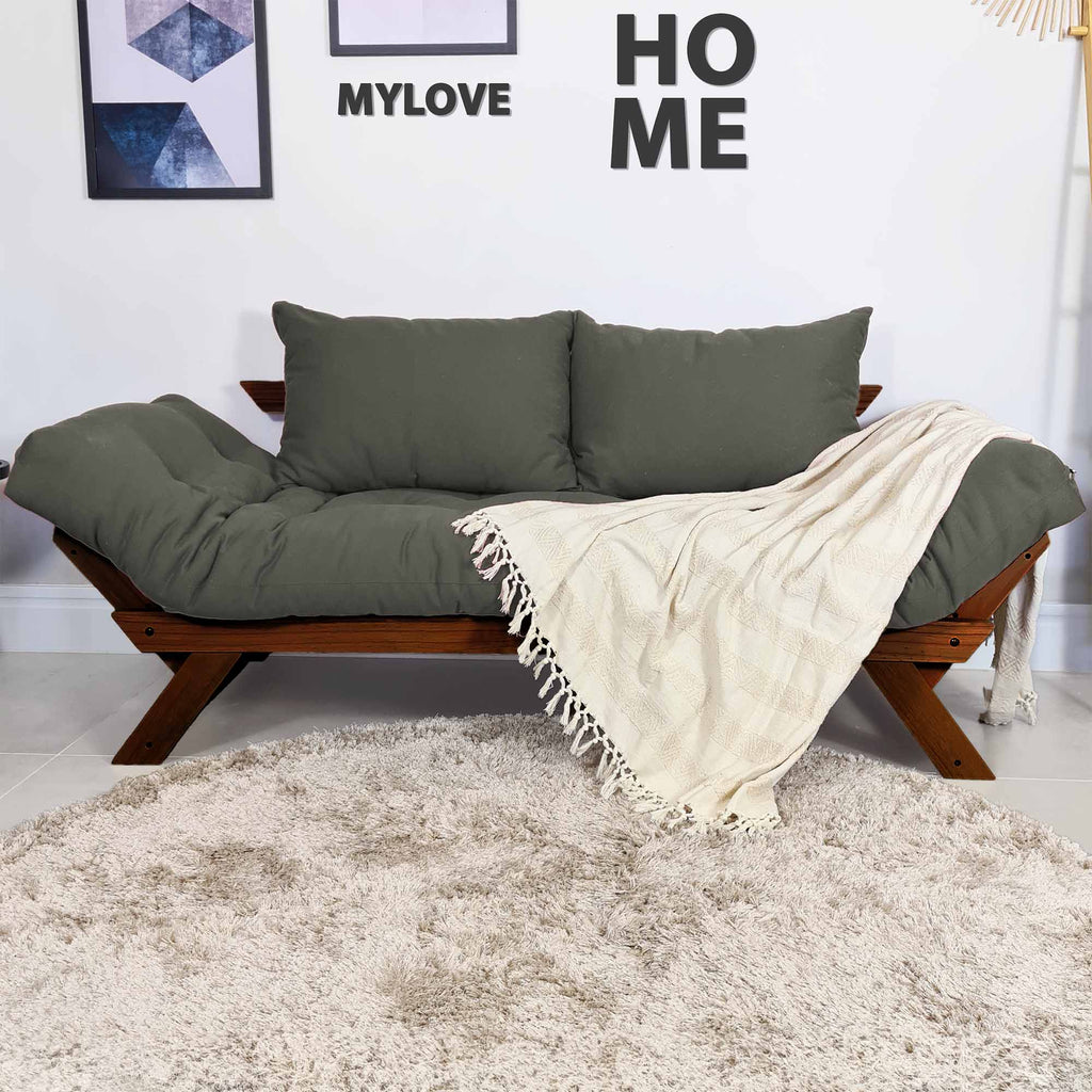 Sofá Cama Reclinável Futon Japão - Madeira Nobre Cor Imbuia Tecido Sarja Cinza